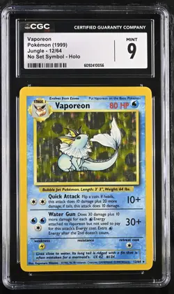 CGC 9 MINT Vaporeon 1999 Jungle 12/64 No Set Symbol Holo Pokemon Card - Image 1