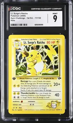 CGC 9 MINT Lt. Surge's Raichu Gym Challenge 1st Edition 11/132 Holo Pokemon Card - Image 1