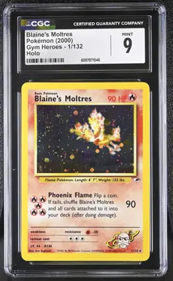 CGC 9 MINT Blaine's Moltres 2000 Gym Heroes 1/132 Holo Pokemon Card - Image 1