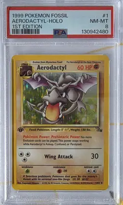 Pokemon TCG 1st Edition Aerodactyl Fossil Holo Card 1/62 PSA 8 - Image 1