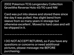 2002 Pokemon TCG Lengendary Collection Growlithe Reverse Holo 45/110 Card NM - Image 2