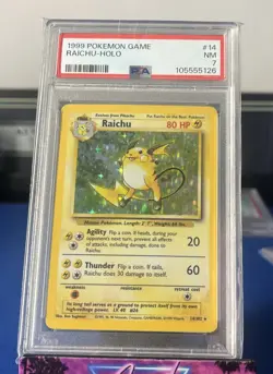 1999 WOTC POKEMON GAME BASE SET UNLIMITED RAICHU 14/102 HOLO RARE PSA 7 NM - Image 1