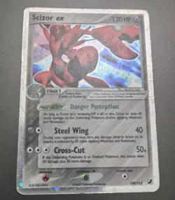 POKEMON EX UNSEEN FORCES SCIZOR EX 108/115 ULTRA RARE HOLO CREASED DMG - Image 1
