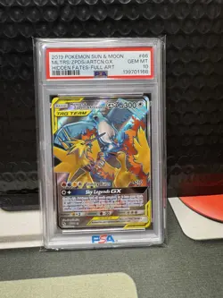 2019 Pokemon Sun And Moon Moltres Zapdos Articuno GX Full Art Hidden Fate PSA 10 - Image 1