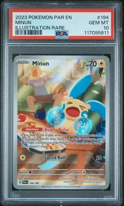 PSA 10 GEM MINT Minun Paradox Rift Illustration Rare 2023 Holo Pokemon 194/182 - Image 1