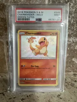 Pokemon TCG Charmander SV6/SV94 Hidden Fates Shiny Holo PSA 9 Mint - Image 1