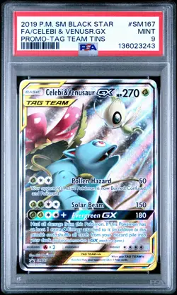 2019 POKEMON SM TAG TEAM TINS PROMO #SM167 FULL ART/CELEBI & VENUSAUR GX PSA 9 - Image 1
