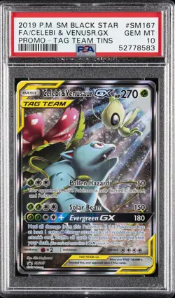 2019 POKEMON SM TAG TEAM TINS PROMO #SM167 FULL ART/CELEBI & VENUSAUR GX PSA 10 - Image 1