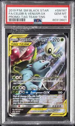 2019 POKEMON SM TAG TEAM TINS PROMO #SM167 FULL ART/CELEBI & VENUSAUR GX PSA 10 - Image 1