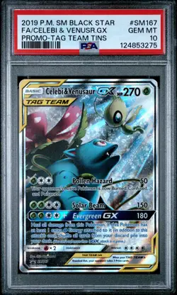 2019 POKEMON SM TAG TEAM TINS PROMO #SM167 FULL ART/CELEBI & VENUSAUR GX PSA 10 - Image 1