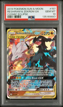 Pokemon Reshiram & Zekrom GX 157/236 Cosmic Eclipse 157 Tag Team GEM MINT PSA 10 - Image 1
