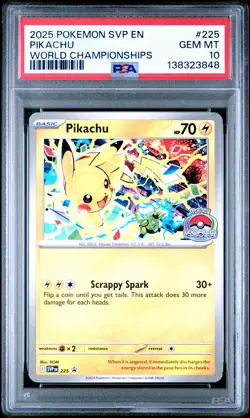 2025 POKEMON SVP EN-SV BLACK STAR PROMO WORLD CHAMPIONSHIPS #225 PIKACHU PSA 10 - Image 1