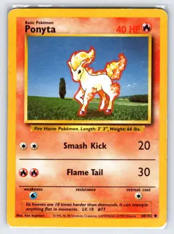 Ponyta 60/102 1999 Base Set Unlimited Pokemon Card WOTC Vintage Common - Mp - Image 1