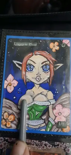 Mtg Hand Painted Altered Art Llanowar Elves Cute Anime Girl Alt Artwork Painting - Image 1