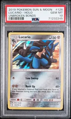 2019 Pokemon Sun & Moon Unbroken Bonds Lucario Holo 126/214 PSA 10 [POP 12] - Image 4