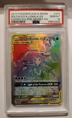 PSA 10 - Solgaleo & Lunala GX Secret Rare Card #254 2019 Pokemon Cosmic Eclipse - Image 1