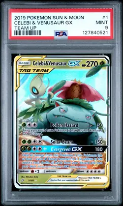 2019 POKEMON SUN & MOON TEAM UP #1 CELEBI & VENUSAUR GX PSA 9 - Image 1