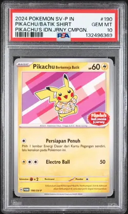 2024 POKEMON INDONESIAN SV-P PROMO #190 PIKACHU IN BATIK SHIRT PSA 10 - Image 1