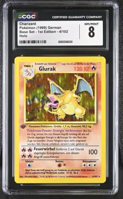 CGC 8 GERMAN Charizard Glurak 1999 Base Set 1st Edition 4/102 Holo Pokemon Card - Image 1