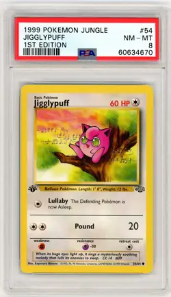 1999 Pokemon Jungle #54 Jigglypuff 1st Edition PSA 8 - Image 1