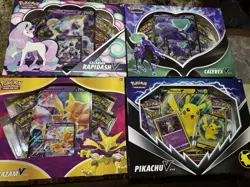 Lot of 4 Pokemon Boxes: Galarian Rapidash V, Alakazam V, Calyrex V, Pikach V - Image 1