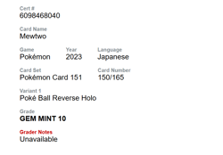 Mewtwo 150/165 Pokemon Card 151 Japanese Poke Ball Reverse Holo CGC 10 - Image 5