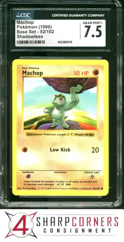 1999 POKEMON BASE SET SHADOWLESS #52 MACHOP CGC 7.5 - Image 1