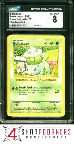 1999 POKEMON BASE SET SHADOWLESS #44 BULBASAUR CGC 8 - Image 1