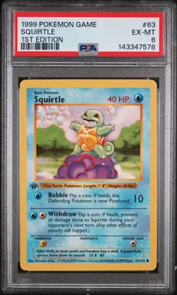 Pokemon PSA 6 Squirtle 1st Edition Shadowless Base Set 1999 Card 63/102 - Image 1