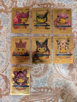 7 Pokemon Pikachu Cosplay Fan Art Gold Foil Cards Set - Image 1