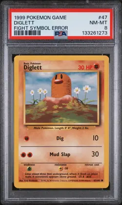 1999 POKEMON BASE SET UNLIMITED FIGHT SYMBOL ERROR #47 DIGLETT PSA 8 - Image 1