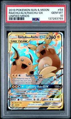 Raichu & Alolan Raichu GX #54 Unified Minds PSA 10 Pokemon Card - Image 1