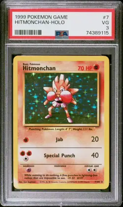 1999 Pokemon Game 7/102 Hitmonchan Holo Rare Base Set Unlimited PSA 3 VG - Image 1