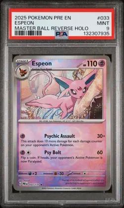 2025 Pokemon Prismatic PRE En Espeon Master Ball Reverse Holo #033 PSA 9 Mint - Image 1