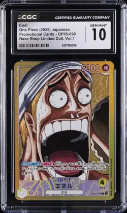 2025 ONE PIECE JPN PROMO CARDS BASE SHOP LTD COLL. VOL 1 ENEL CGC 10 GEM MINT - Image 1