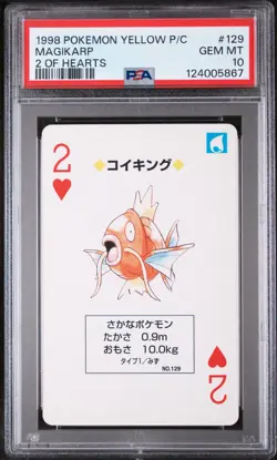 1998 POKEMON YELLOW VERSION PLAYING CARDS 2 OF HEARTS #129 MAGIKARP PSA 10 - Image 1