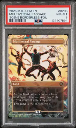 2025 MTG MARVEL'S SPIDER-MAN SCENE BORDERLESS-FOIL MULTIVERSAL PASSAGE PSA 8 - Image 1