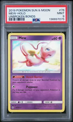 2019 POKEMON SUN & MOON UNBROKEN BONDS #76 MEW-HOLO PSA 9 - Image 1