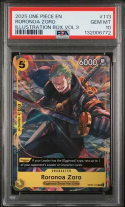 2025 ONE PIECE PROMOS ILLUSTRATION BOX VOL.3 #113 RORONOA ZORO PSA 10 - Image 1