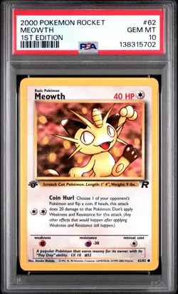 2000 POKEMON ROCKET 1ST EDITION #62 MEOWTH PSA 10 - Image 1