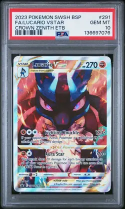 2023 POKEMON SWSH CROWN ZENITH ETB PROMO #291 FULL ART/LUCARIO VSTAR PSA 10 - Image 1