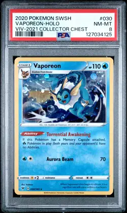 2020 POKEMON SWORD & SHIELD VIVID VOLTAGE COLLECTOR CHEST VAPOREON-HOLO PSA 8 - Image 1