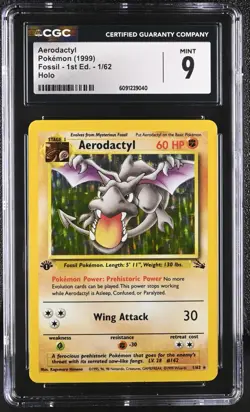 CGC 9 MINT Aerodactyl 1999 Fossil 1st Edition 1/62 Holo Pokemon Card - Image 1