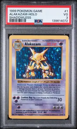 1999 POKEMON GAME 1 ALAKAZAM-HOLO SHADOWLESS - PSA 3 - Image 1