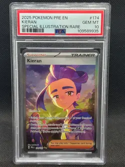 2025 Pokemon PSA 10 GEM MINT Kieran SIR 174/131 PRE-EN Prismatic Evolutions - Image 1