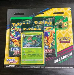 Pokemon Crown Zenith Rillaboom Pin Collection Sealed 3 Pack blister - Image 1