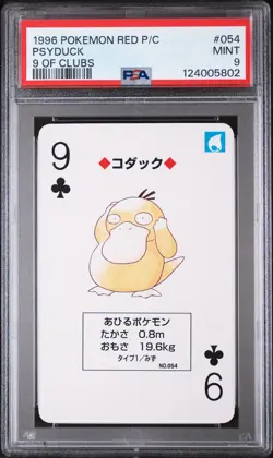 1996 POKEMON RED VERSION PLAYING CARDS 9 OF CLUBS #054 PSYDUCK PSA 9 - Image 1