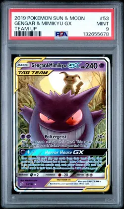2019 POKEMON SUN & MOON TEAM UP #53 GENGAR & MIMIKYU GX PSA 9 - Image 1
