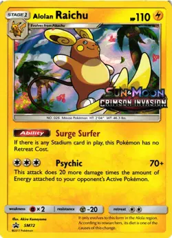 Pokemon TCG Alolan Raichu SM72 Crimson Invasion Pre-Release Stamp VLP - Image 1