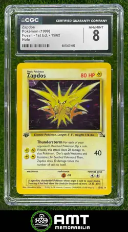 6073031012 1999 Pokemon Fossil 1st Edition #15/62 Zapdos Holo CGC 8 - Image 1